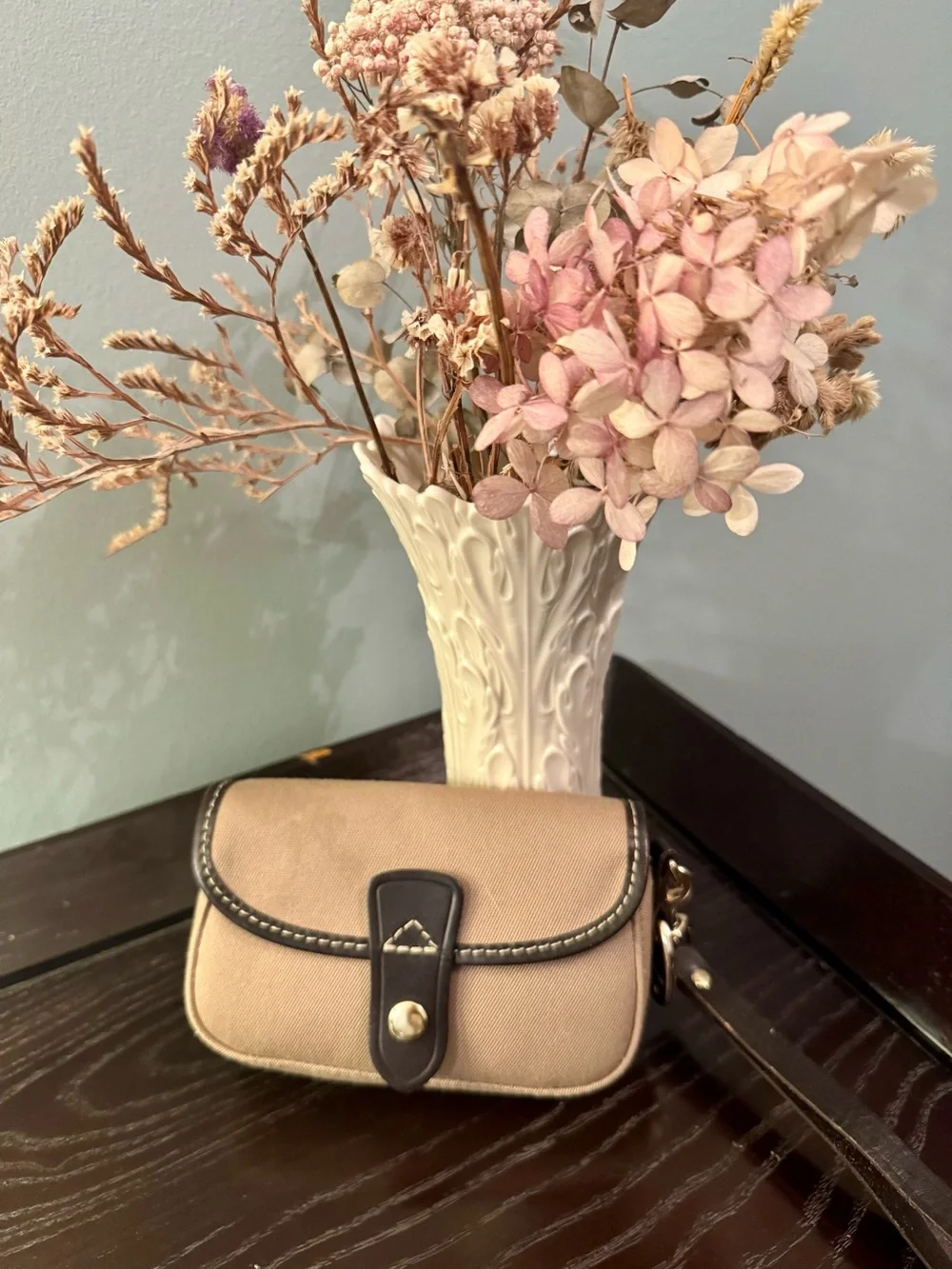 Dooney & Bourke Tan Twill Canvas Flap Wristlet Dark Brown Leather Trim